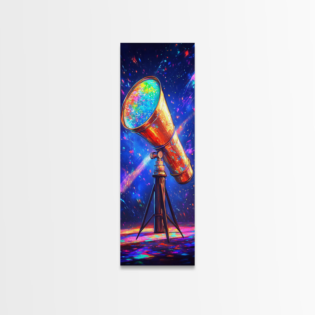 Rainbow Telescope Pointed At Starry Sky Wall Art, Space Canvas Print, Astronomy Decor, Celestial Office Art, Gift For Him