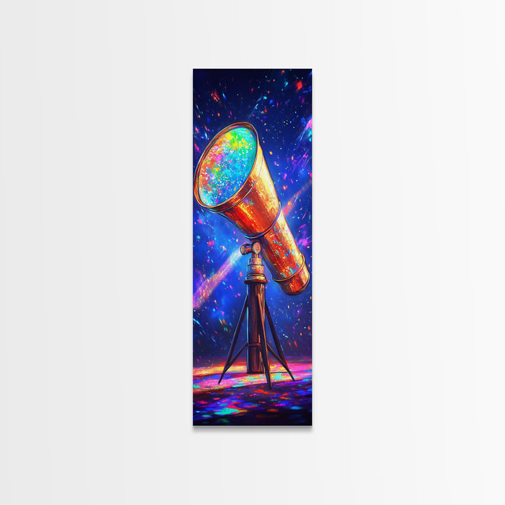Rainbow Telescope Pointed At Starry Sky Wall Art, Space Canvas Print, Astronomy Decor, Celestial Office Art, Gift For Him