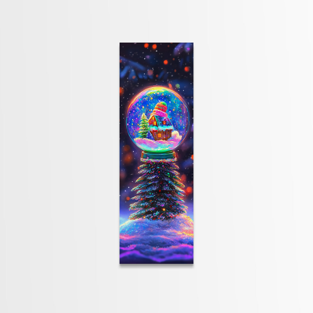Glowing Snow Globe Cabin On Winter Tree Framed Canvas Print, Christmas Wall Art, Cozy Holiday Decor, Housewarming Gift Idea