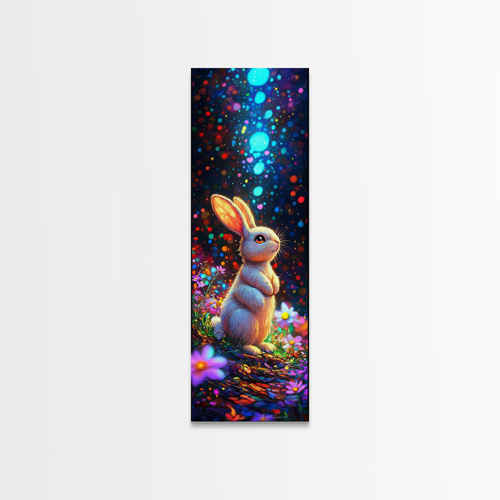 Cute Bunny In Magical Flower Garden Framed Canvas Print, Whimsical Animal Wall Art, Nursery Decor, Kids Room Art Gift, Baby Shower Gift