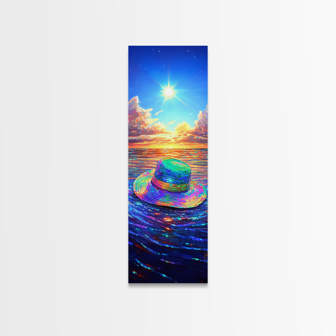 Rainbow Sun Hat On Sparkling Ocean Canvas Print, Beach Wall Art, Coastal Decor, Summer Seascape For Living Room, Housewarming Gift