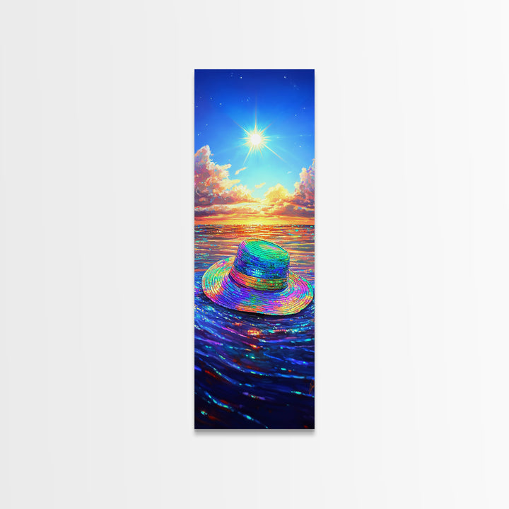 Rainbow Sun Hat On Sparkling Ocean Canvas Print, Beach Wall Art, Coastal Decor, Summer Seascape For Living Room, Housewarming Gift