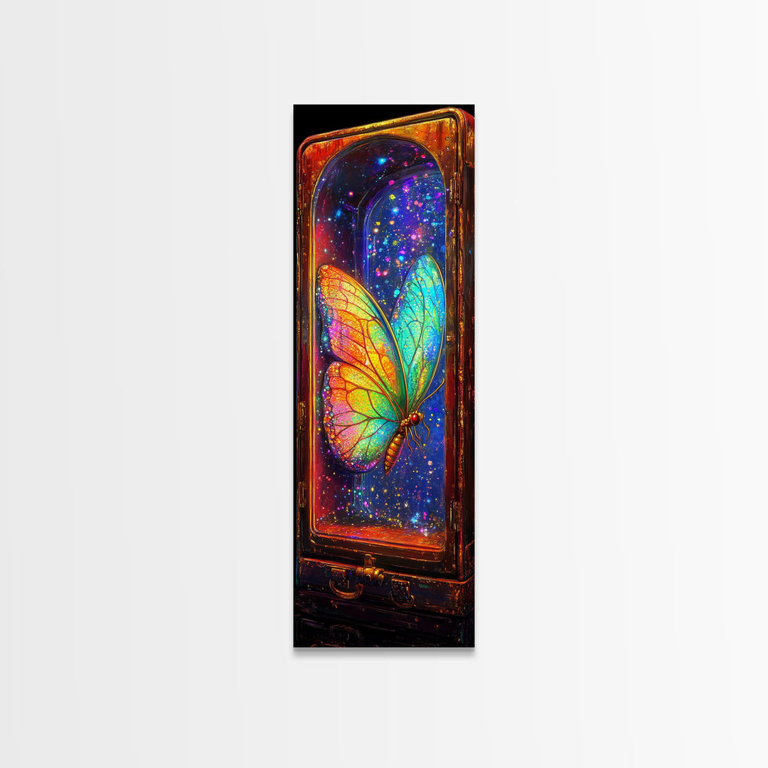Glowing Rainbow Butterfly In Glass Case Wall Art, Celestial Fantasy Art Print, Whimsical Wall Decor, Unique Gift For Bedroom Decor