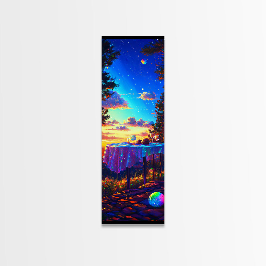 Moonlit Sunset Table With Wine Glasses Framed Canvas Print, Romantic Wall Art, Outdoor Patio Decor, Housewarming Gift, Cozy Home Decor