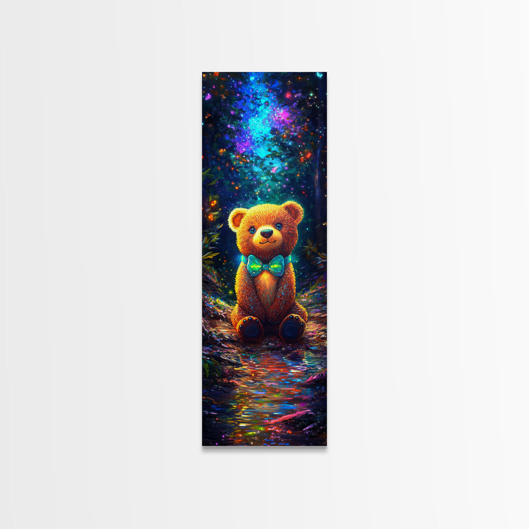 Glowing Teddy Bear In Enchanted Forest Wall Art, Whimsical Nursery Decor, Cute Animal Art Print, Kids Room Decor Gift Idea