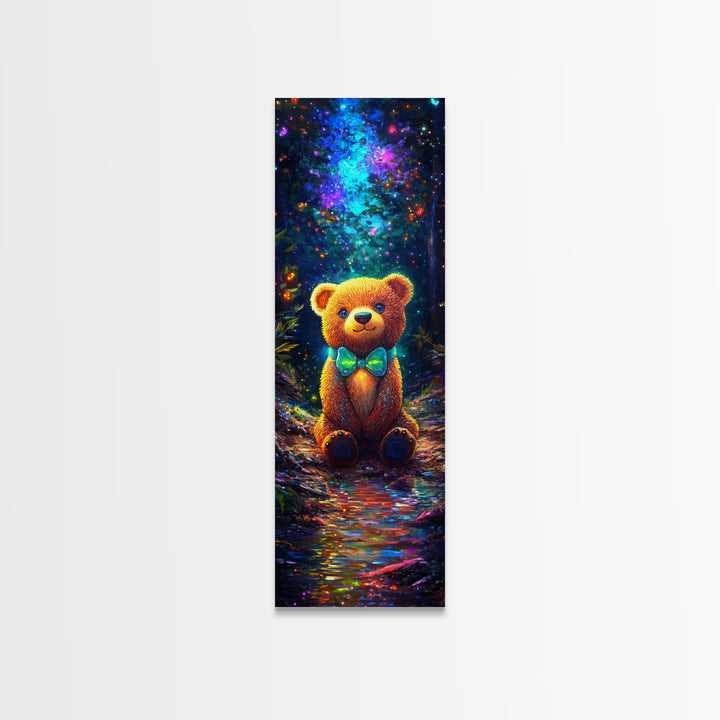 Glowing Teddy Bear In Enchanted Forest Wall Art, Whimsical Nursery Decor, Cute Animal Art Print, Kids Room Decor Gift Idea