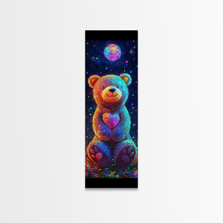Moonlit Teddy Bear With Heart Framed Canvas Print, Whimsical Wall Art, Nursery Decor, Cute Animal Art, Celestial Room Decor