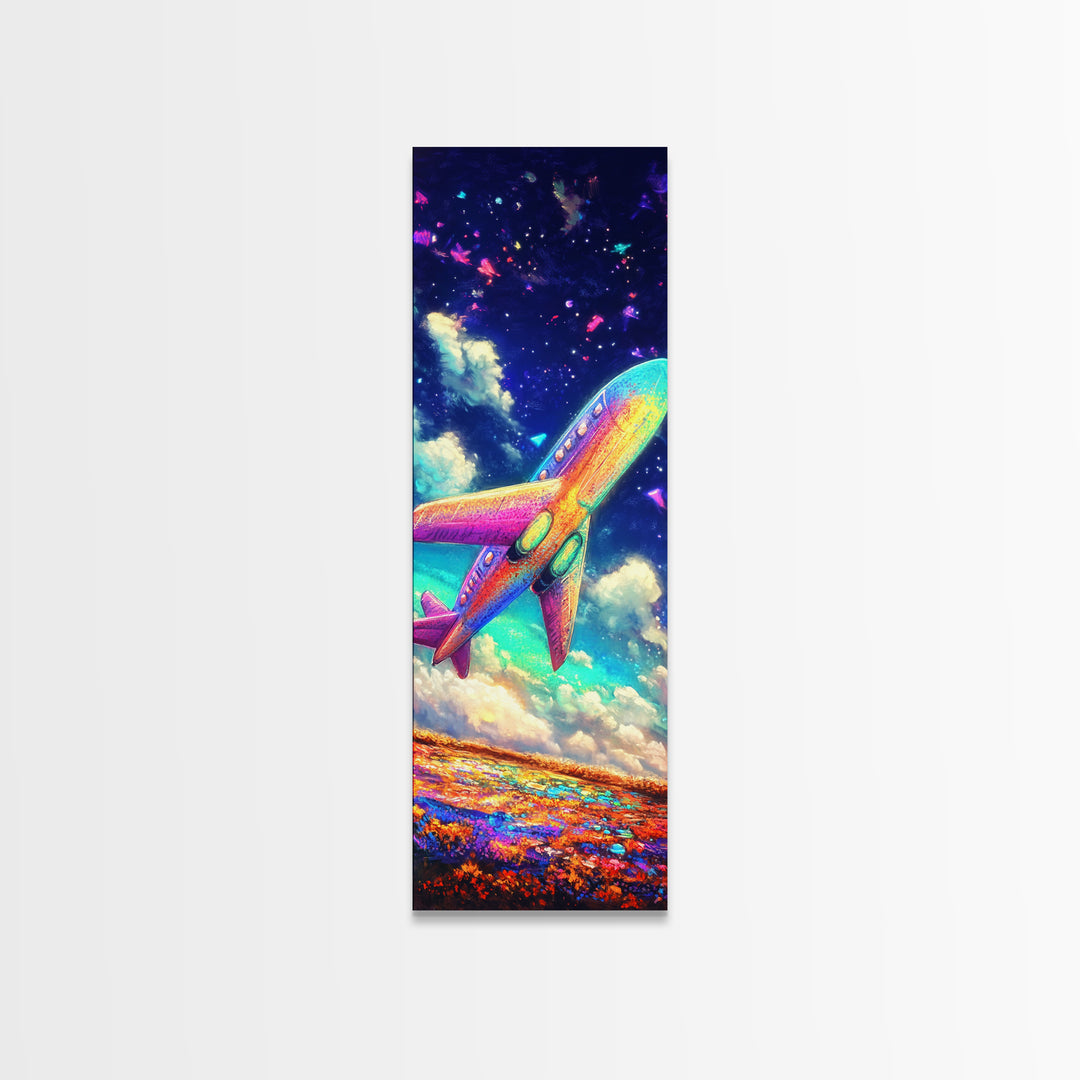 Rainbow Jet Flying Through Starry Clouds Canvas Print, Space Wall Art, Aviation Wall Decor, Kids Room Decor, Gift For Travelers