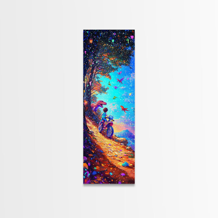 Child Riding Bike Through Dinosaur Forest Canvas Print, Whimsical Wall Art, Fantasy Nursery Decor, Kids Room Art Gift For Children