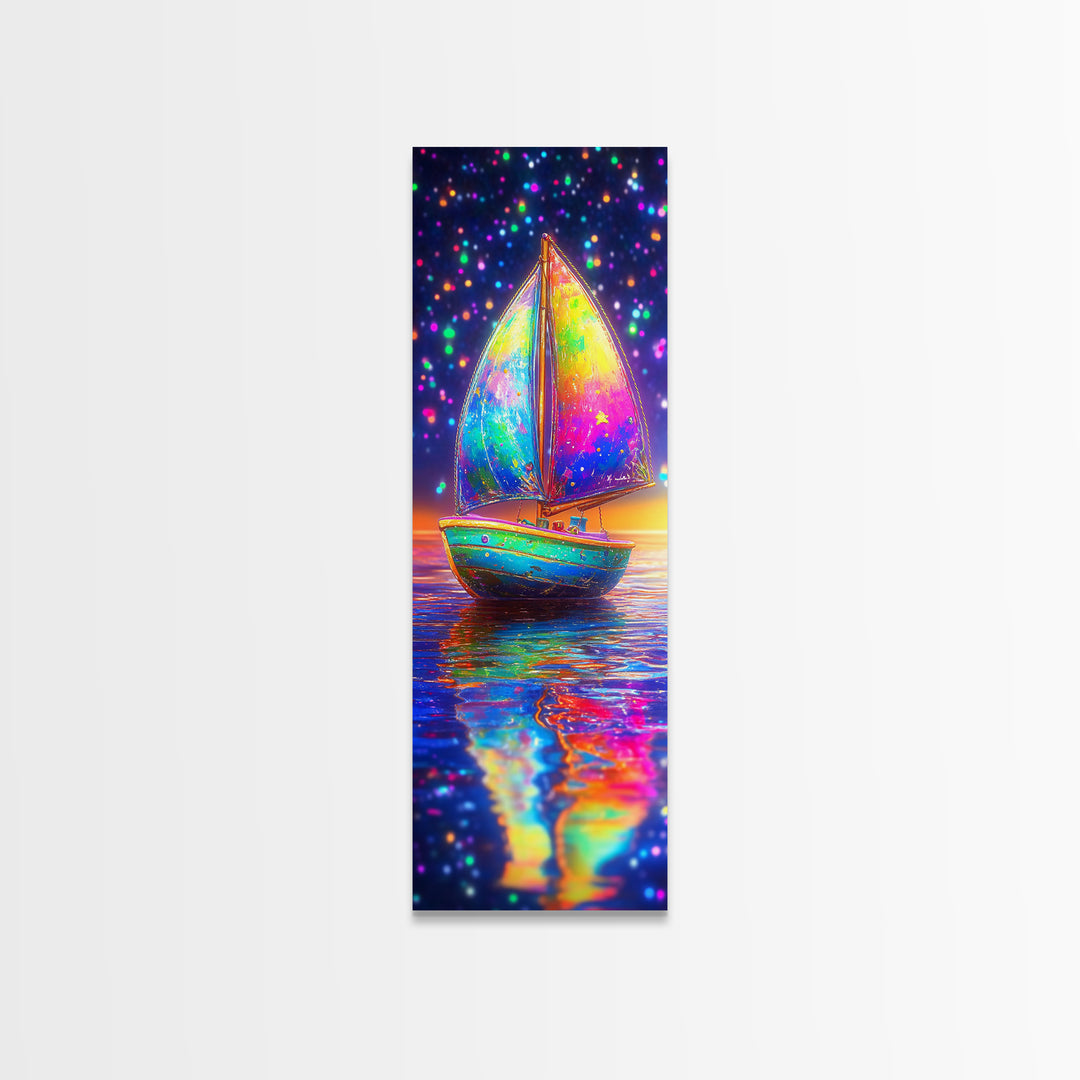 Rainbow Sailboat At Sunset Canvas Print, Colorful Coastal Wall Art, Nautical Ocean Decor, Beach House Gift, Modern Seascape