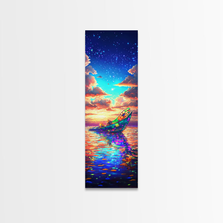 Glowing Rowboat Under Stars Canvas Print, Colorful Ocean Wall Art, Dreamy Seascape Decor, Coastal Gift, Fantasy Landscape