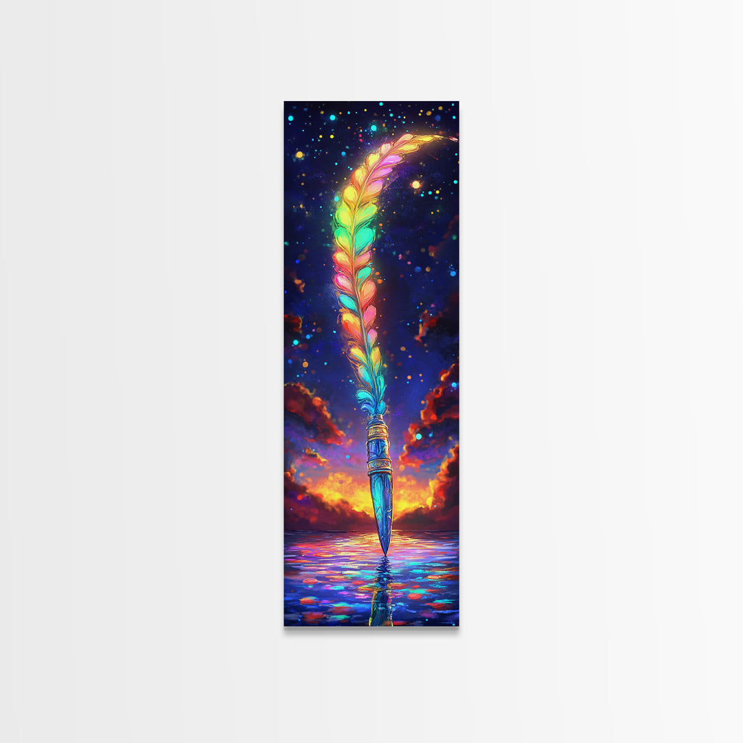 Rainbow Feather Quill Canvas Print, Celestial Wall Art, Whimsical Ocean Decor, Fantasy Writing Gift, Colorful Office Art
