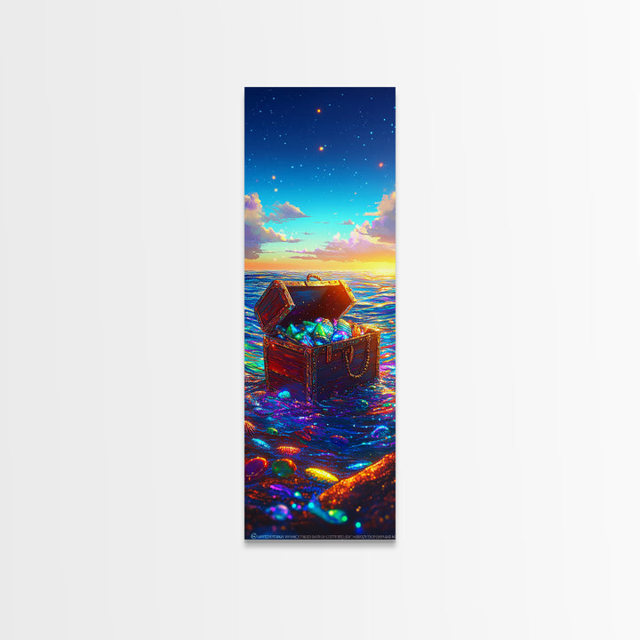 Glowing Treasure Chest At Ocean Sunset Canvas Print, Nautical Wall Art, Coastal Beach House Decor, Fantasy Sea Lover Gift