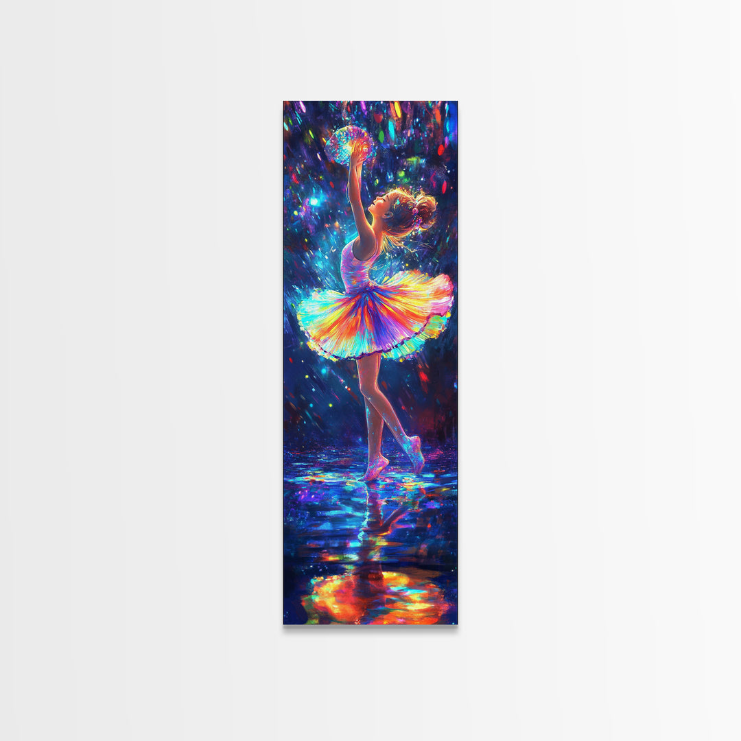 Rainbow Ballerina Dancing Under Lights Framed Canvas Print, Dance Studio Wall Art, Whimsical Girl Room Decor, Gift For Her