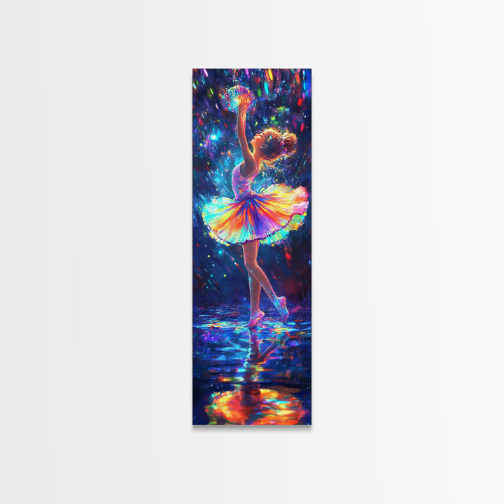 Rainbow Ballerina Dancing Under Lights Framed Canvas Print, Dance Studio Wall Art, Whimsical Girl Room Decor, Gift For Her