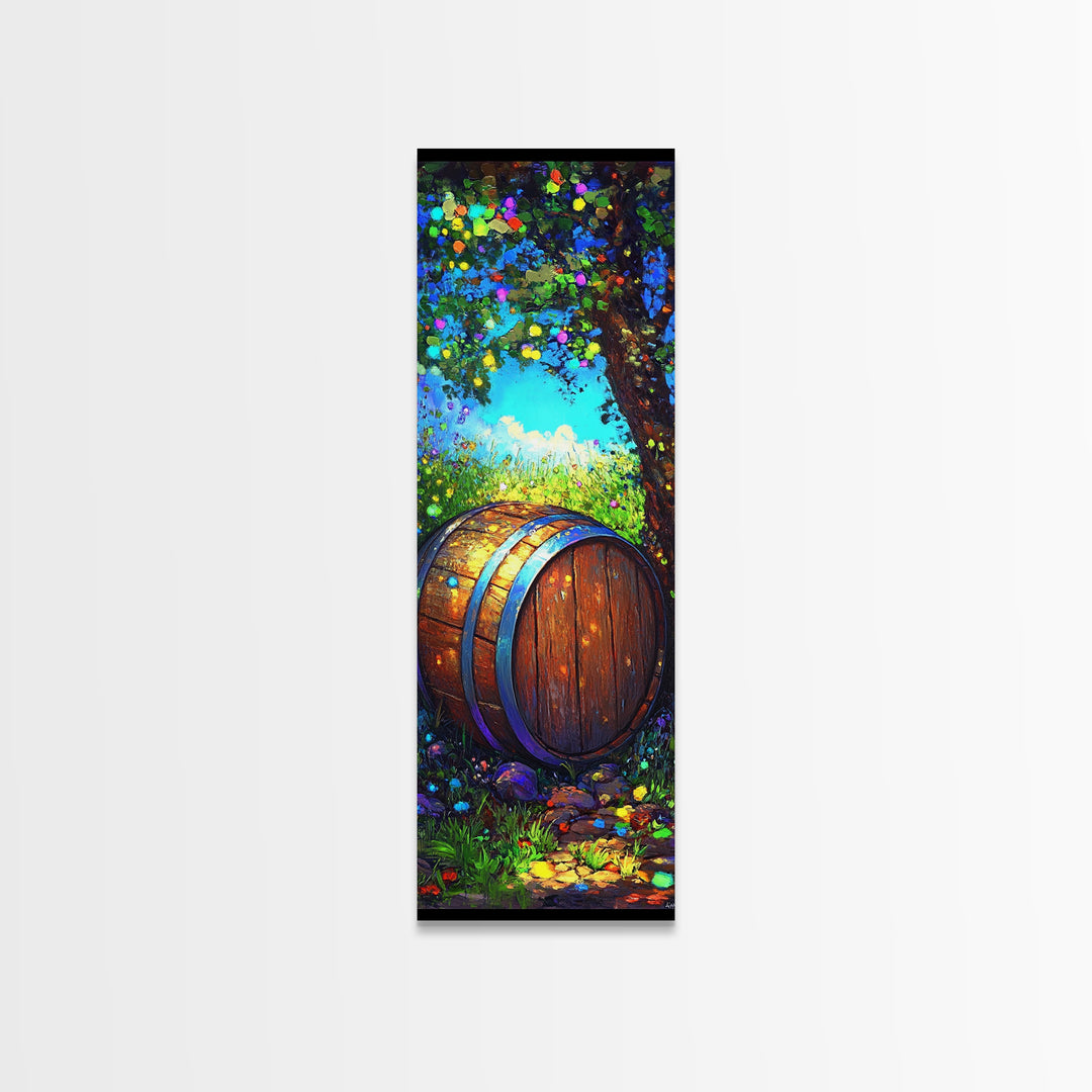 Sunlit Wine Barrel In Lush Garden Canvas Print, Rustic Wall Art, Winery Home Decor, Vineyard Landscape Housewarming Gift