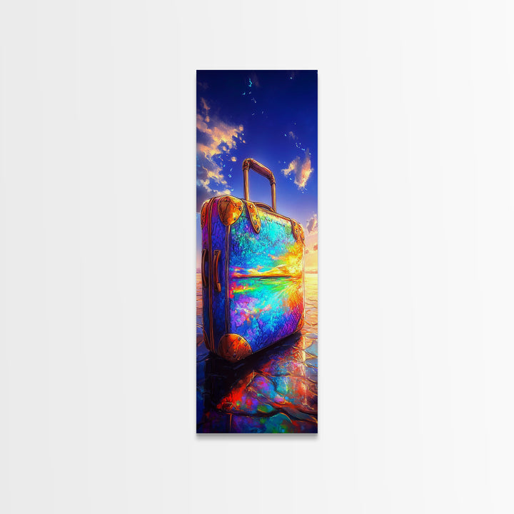 Rainbow Suitcase Reflecting Ocean Sunset Framed Canvas Print, Vibrant Travel Poster, Coastal Wall Decor For Wanderlust Gift