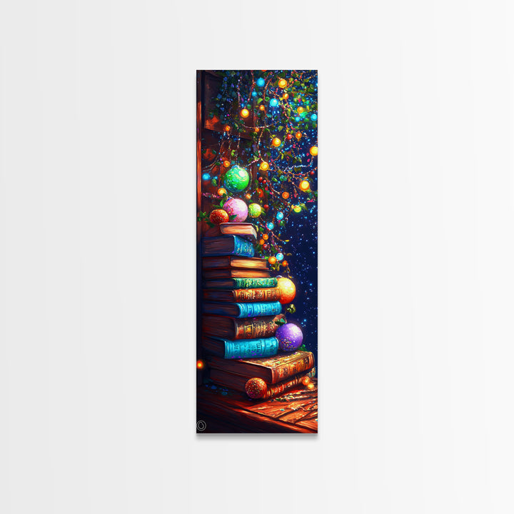 Stacked Books Christmas Tree Wall Art, Cozy Library Canvas Print, Bookish Decor, Holiday Home Decor, Housewarming Gift, Christmas Gift