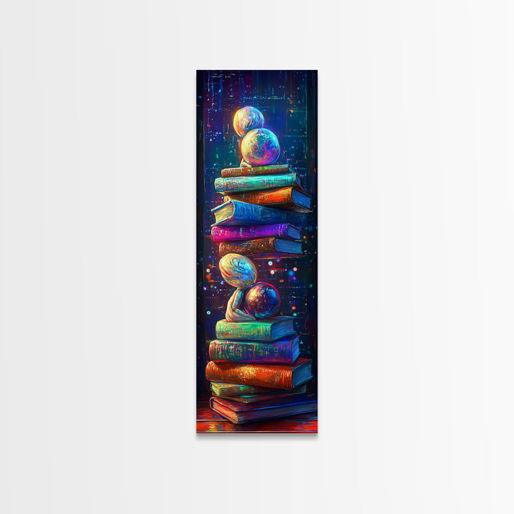 Floating Planets Over Stacked Books Wall Art, Celestial Library Decor, Book Lover Gift, Colorful Fantasy Reading Nook Print
