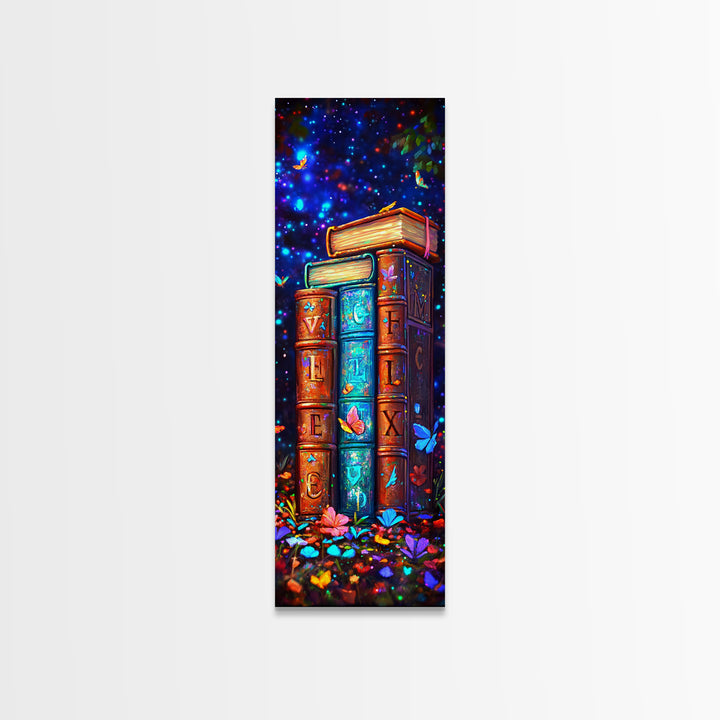 Magical Alphabet Books With Butterflies Canvas Print, Celestial Library Wall Decor, Colorful Book Lover Gift, Fantasy Art