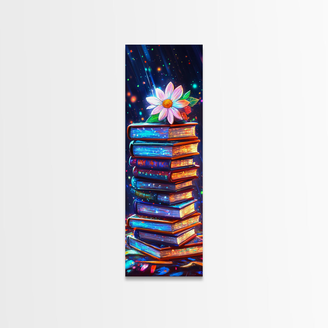 Glowing Stack Of Books With Daisy Canvas Print, Book Lover Wall Art, Cozy Library Decor, Reading Nook Art, Literary Gift