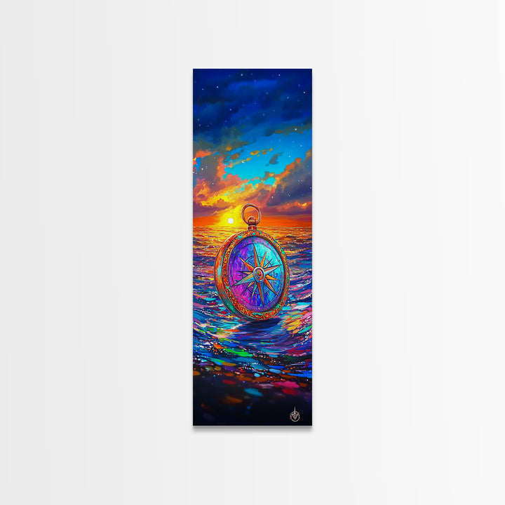 Vibrant Compass On Sunset Ocean Wall Art, Nautical Coastal Decor, Travel Poster, Seascape Art Print, Beach House Living Room Decor