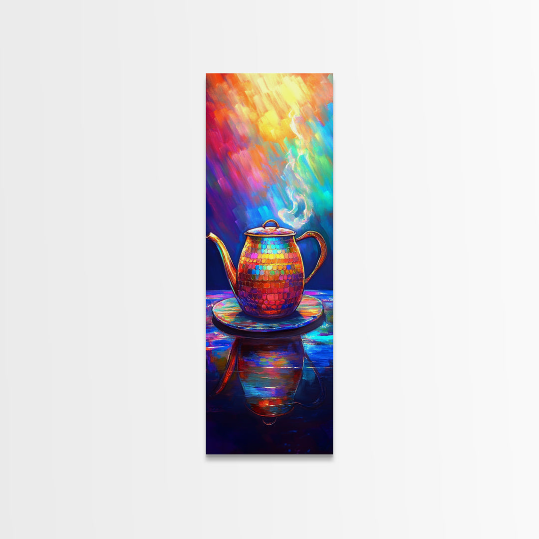 Rainbow Teapot With Steam Framed Canvas Print, Colorful Kitchen Wall Art, Tea Lover Gift, Boho Dining Room Decor, Still Life Art