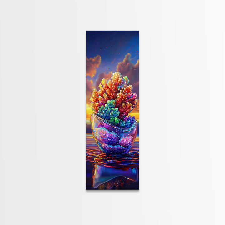 Rainbow Coral In Glass Bowl Framed Canvas Print, Marine Life Wall Art, Coastal Home Decor, Ocean Nursery Art, Sea Life Gift