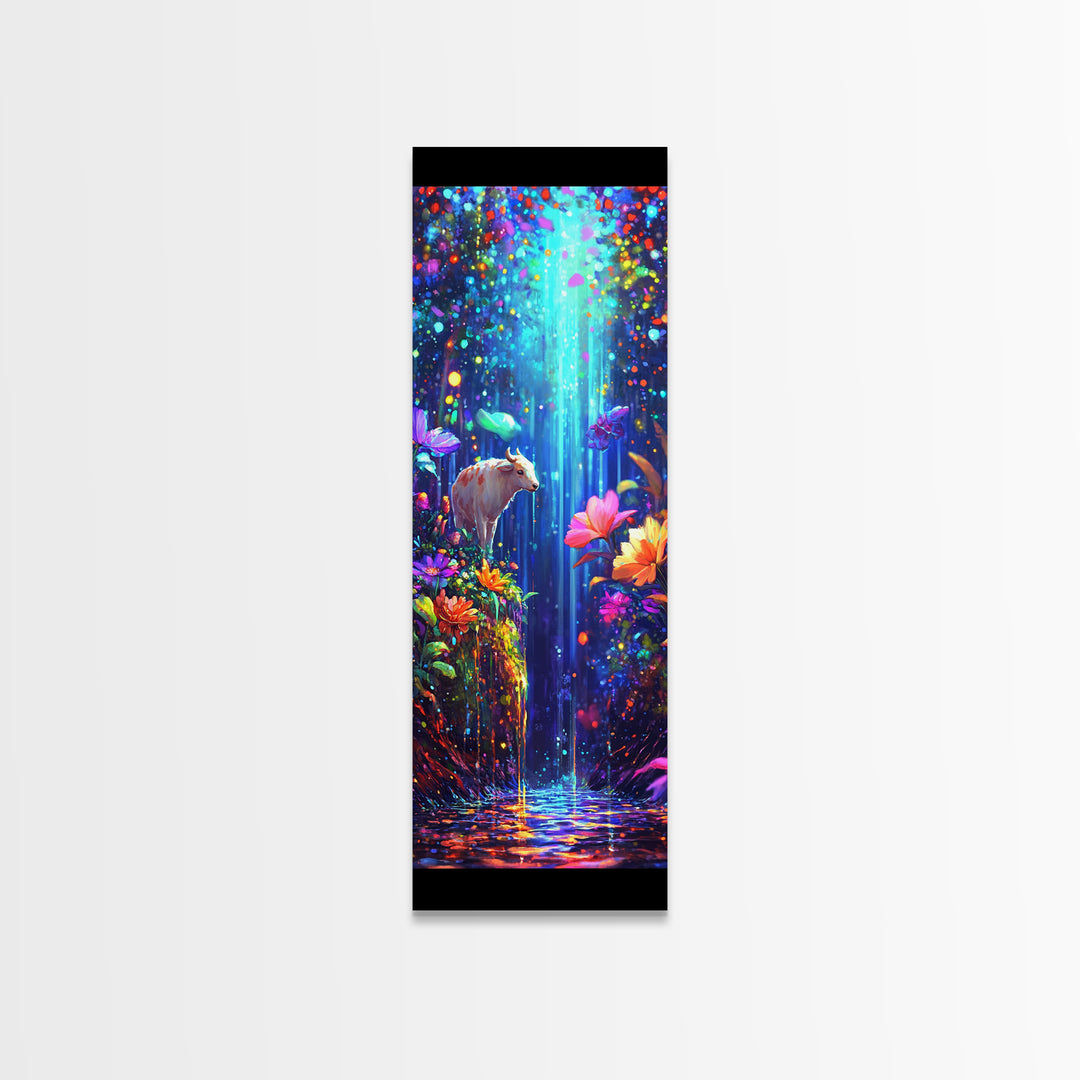 White Goat In Enchanted Waterfall Garden Framed Canvas Print, Whimsical Animal Wall Art, Colorful Nature Nursery Decor Poster