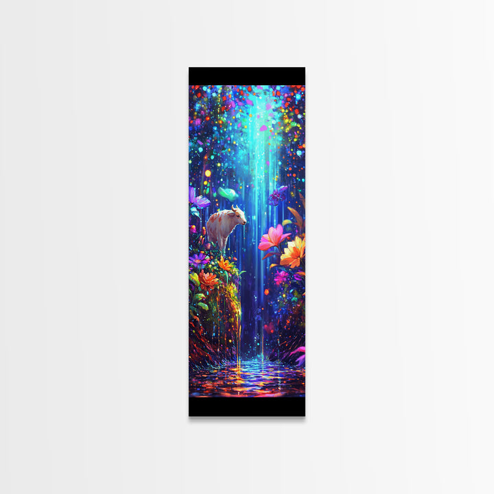 White Goat In Enchanted Waterfall Garden Framed Canvas Print, Whimsical Animal Wall Art, Colorful Nature Nursery Decor Poster