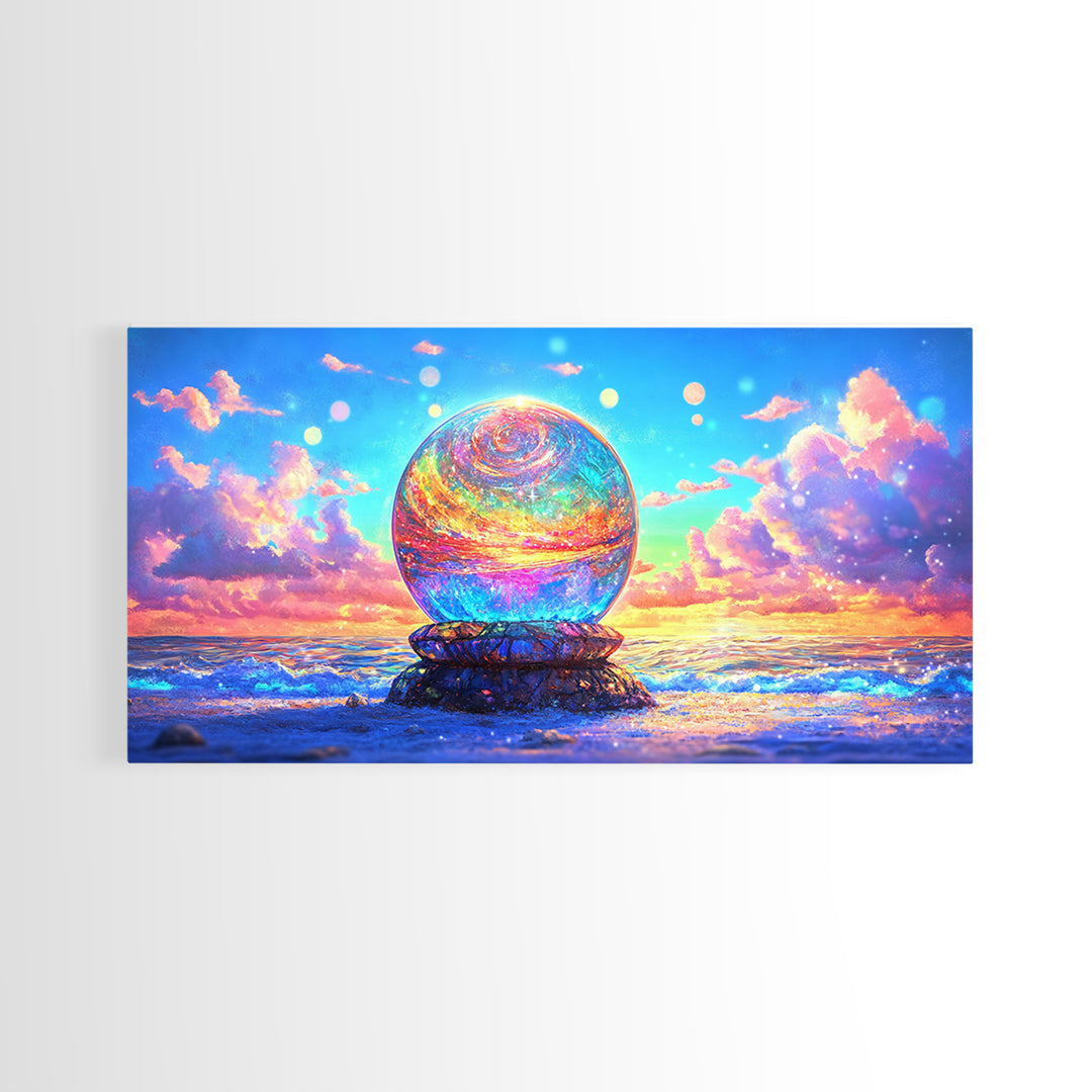 Glowing Crystal Orb By The Ocean Wall Art, Surreal Seascape Canvas Print, Coastal Decor, Celestial Art, Beach House Gift
