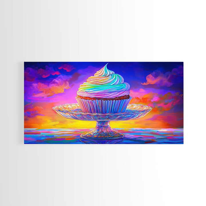 Rainbow Cupcake On Glass Stand Canvas Print, Whimsical Bakery Wall Art, Dessert Art, Kitchen Decor, Birthday Gift For Her