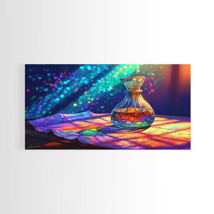 Amber Glass Perfume Bottle Wall Art, Rainbow Light Still Life Canvas Print, Elegant Bathroom Decor, Spa Wall Decor, Gift For Her