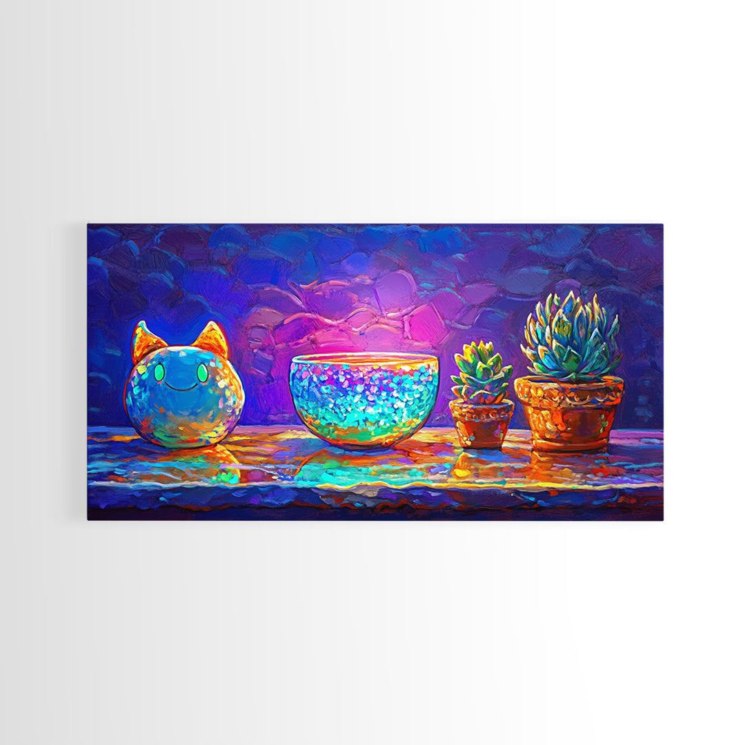 Cute Cat Figurine With Succulent Plants Wall Art, Colorful Still Life Canvas Print, Whimsical Home Decor, Plant Lover Gift
