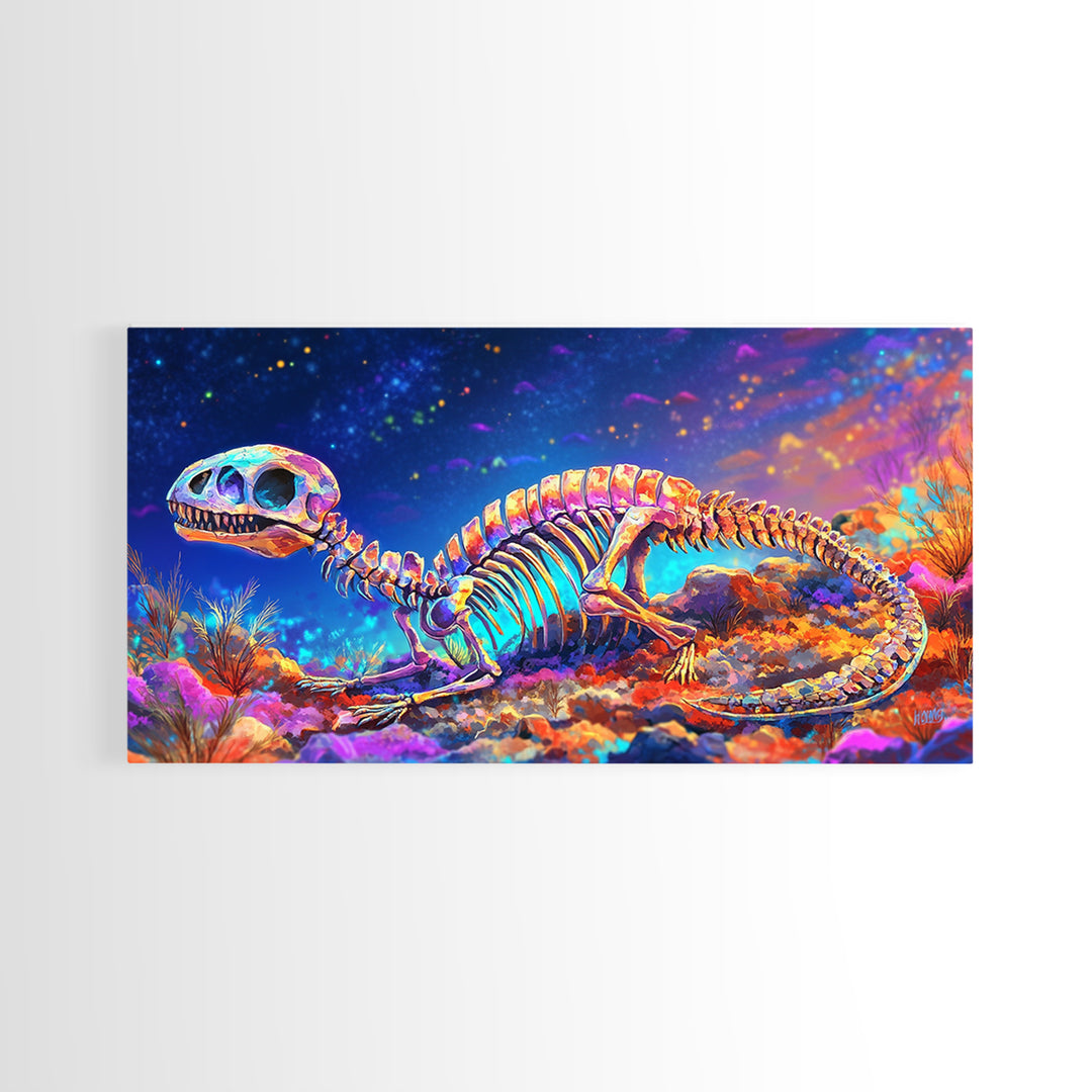 Colorful Dinosaur Skeleton Wall Art, Cosmic Fossil Fantasy Painting, Vibrant Science Decor, Kids Room Canvas Print, Dinosaur Gift