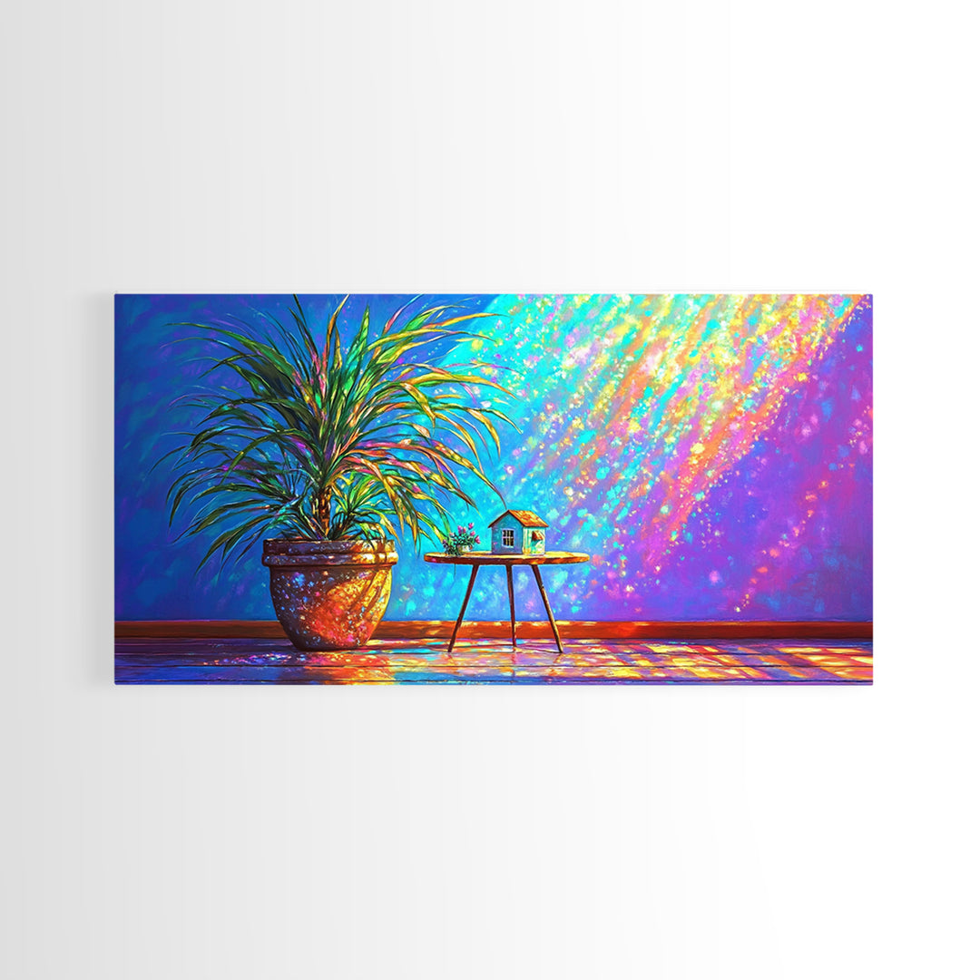 Potted Palm And Tiny House Wall Art, Rainbow Sunlit Room Still Life, Colorful Plant Decor, Modern Framed Canvas Print Gift