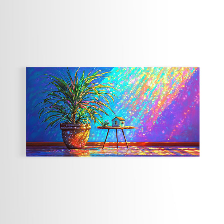 Potted Palm And Tiny House Wall Art, Rainbow Sunlit Room Still Life, Colorful Plant Decor, Modern Framed Canvas Print Gift