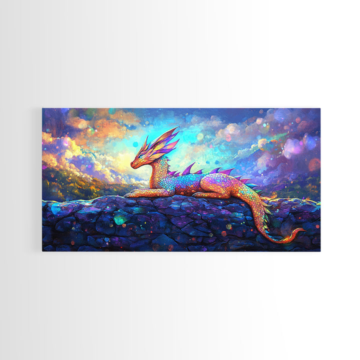 Rainbow Dragon Resting On Stone Wall Art, Whimsical Fantasy Creature Painting, Colorful Nursery Decor, Framed Canvas Print