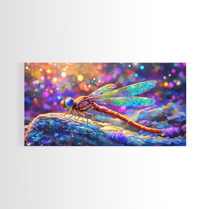 Iridescent Dragonfly On Pebble Wall Art, Colorful Nature Painting, Whimsical Insect Decor, Modern Framed Canvas Print Gift