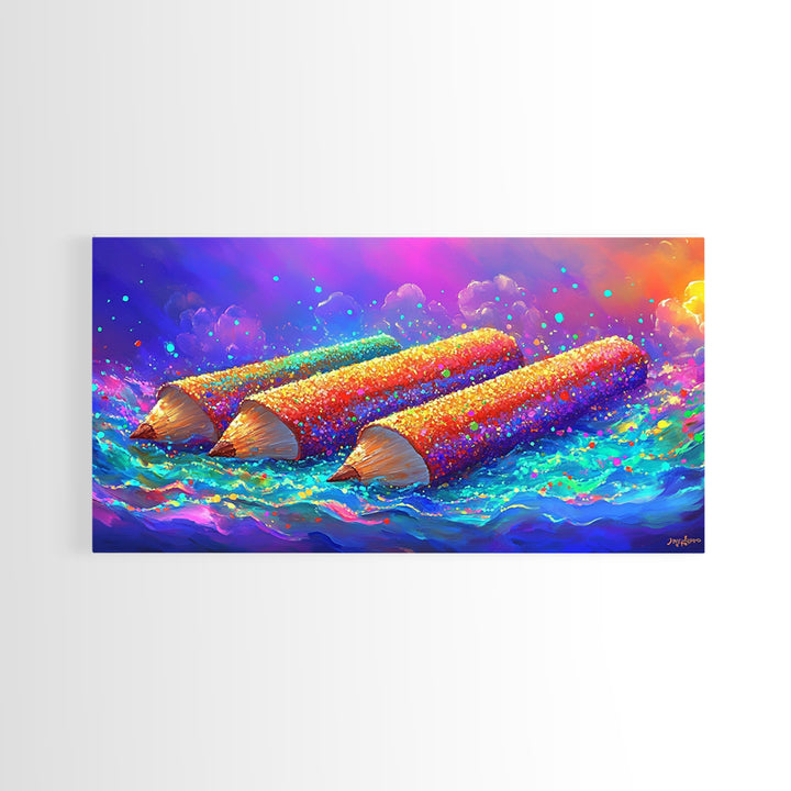Giant Colorful Pencils In Ocean Waves Wall Art, Whimsical Art Supply Painting, Creative Studio Decor, Framed Canvas Print