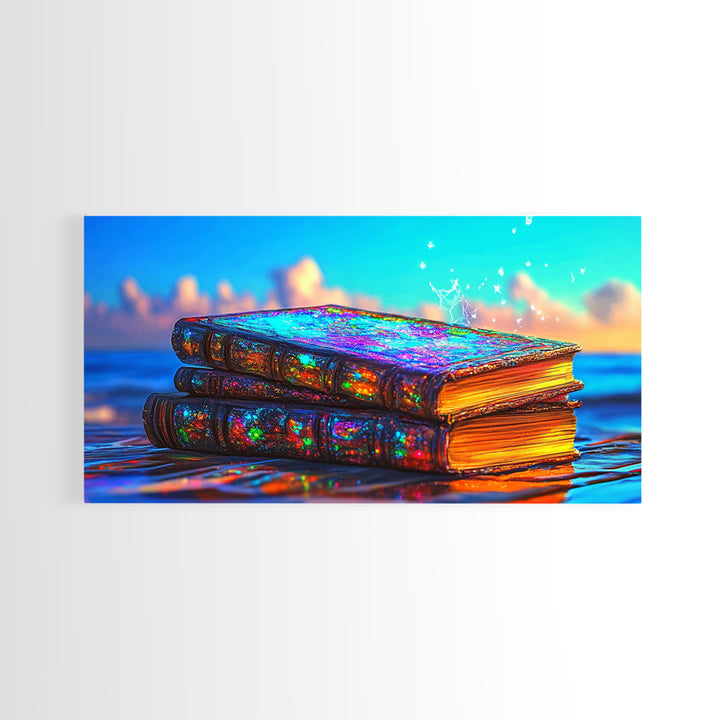 Glowing Iridescent Antique Books Canvas Print, Fantasy Library Wall Art, Book Lover Gift, Magical Reading Nook Home Decor