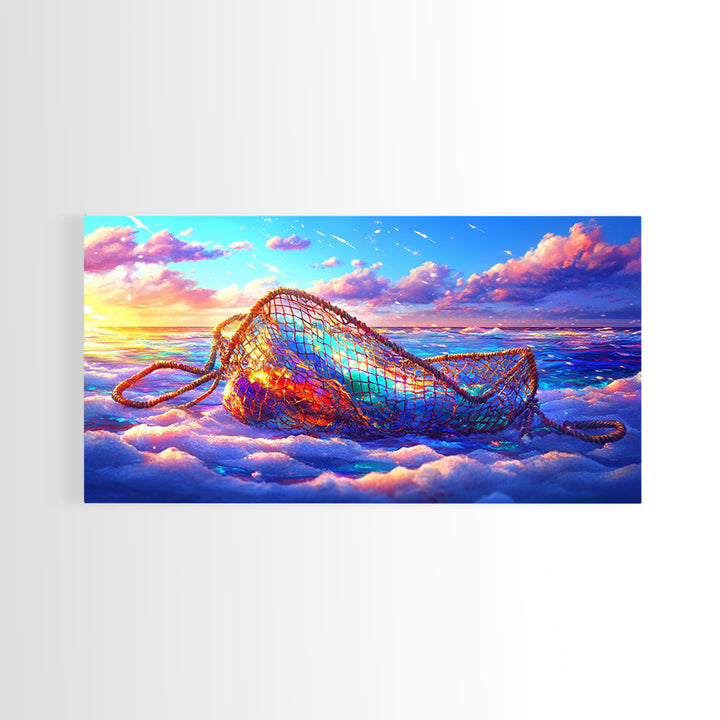 Iridescent Fishing Net On Sunset Beach Wall Art, Coastal Ocean Canvas Print, Nautical Decor, Beach House Living Room Art