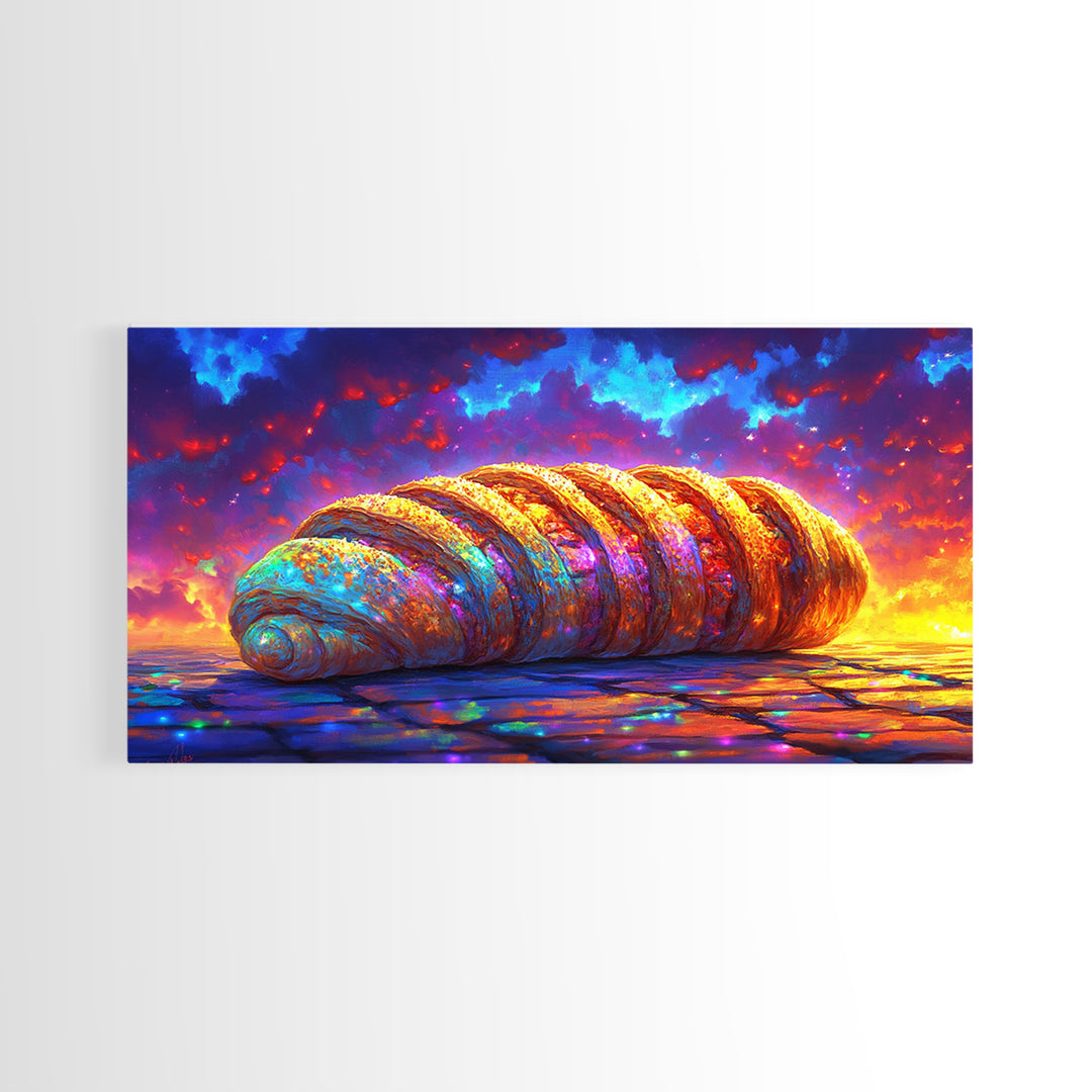 Golden Croissant Pastry At Dramatic Sunset Canvas Print, Bakery Wall Art, French Kitchen Decor, Foodie Gift, Cafe Poster