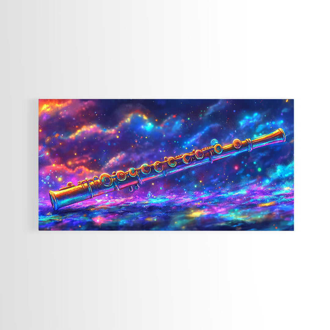 Golden Flute Floating In Cosmic Galaxy Wall Art, Music Studio Canvas Print, Celestial Space Decor, Gift For Music Lover, Home Decor