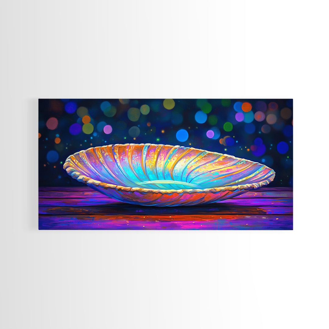 Iridescent Seashell Dish On Wooden Table Canvas Print, Coastal Wall Art, Ocean Decor, Nautical Home Decor, Beach House Gift