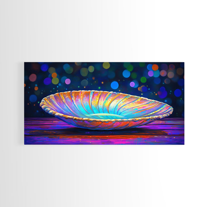 Iridescent Seashell Dish On Wooden Table Canvas Print, Coastal Wall Art, Ocean Decor, Nautical Home Decor, Beach House Gift
