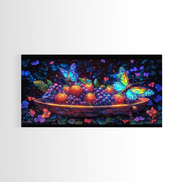 Butterflies Over Glowing Berries In Wooden Bowl Canvas Print, Whimsical Wall Art, Botanical Decor, Colorful Nature Gift