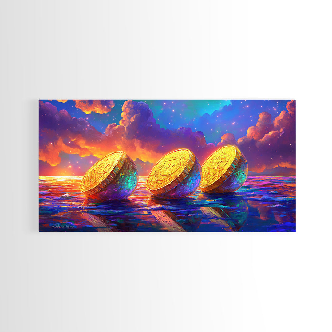 Golden Coins On Reflective Ocean Canvas Print, Abstract Seascape, Coastal Wall Art, Sunset Painting, Statement Artwork, Decor