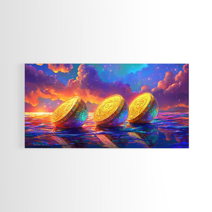 Golden Coins On Reflective Ocean Canvas Print, Abstract Seascape, Coastal Wall Art, Sunset Painting, Statement Artwork, Decor