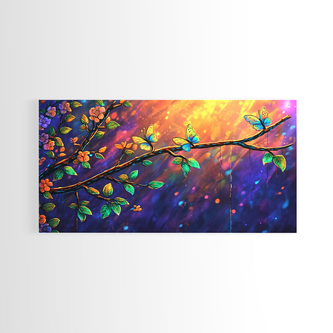 Sunlit Flower Branch With Butterflies Wall Art, Whimsical Nature Art, Botanical Wall Decor, Colorful Bedroom Art Print, Gift